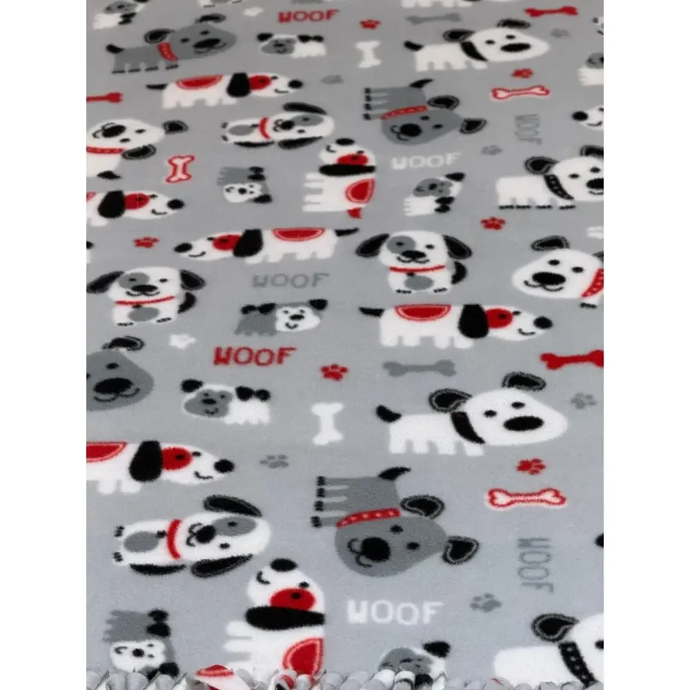 HANDMADE Dog Puppy Fleece Tie Blanket Gray Woof Paw Print Throw Pet Lover 54x52